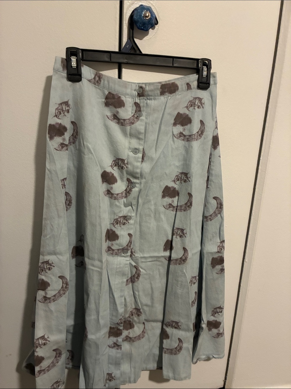 Light Blue A-Line Skirt with Brown Cat Print